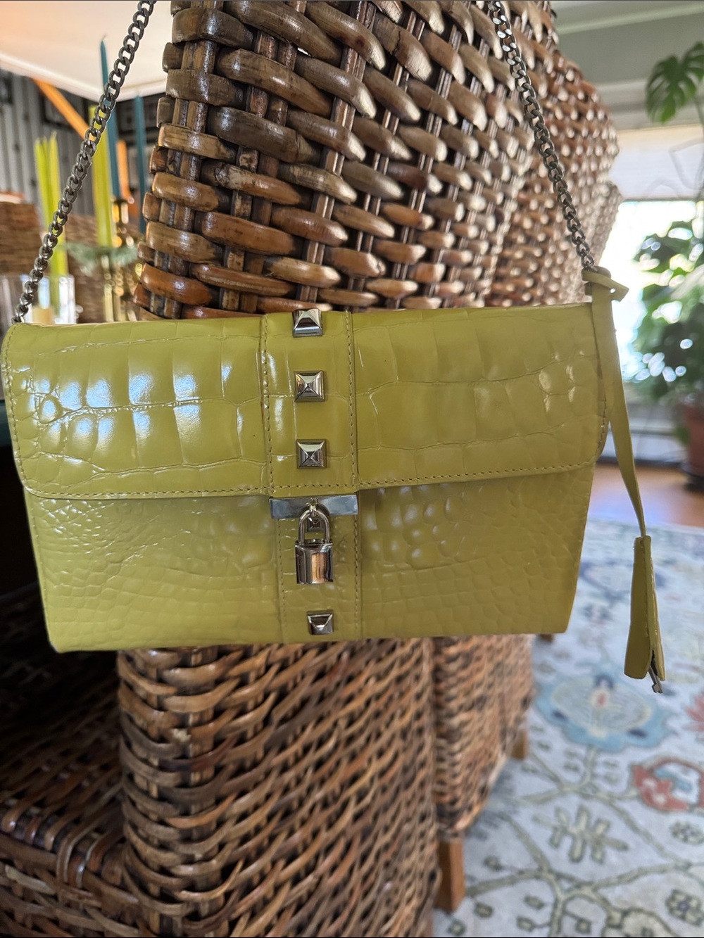 Vintage Cynthia Rowley Lime Croc-Embossed Chain Shoulder Clutch